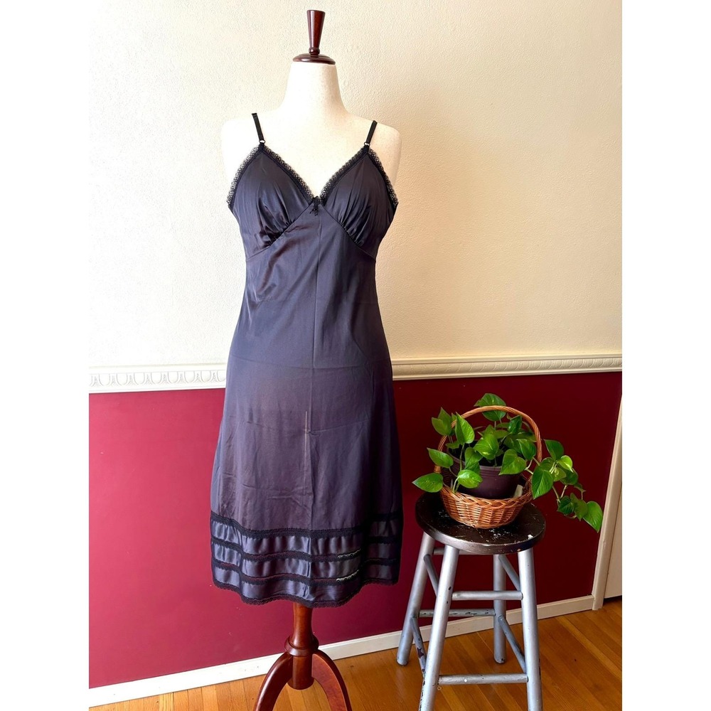Vintage Sears Black Antron Nylon Full‎ Slip Dress Lace Trim 38 V-Neck Coquette